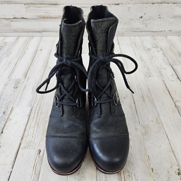 SOREL Joan Of Arctic Leather Wedge Mid Winter Ankle Boots in Black NL1987 - Picture 5 of 11
